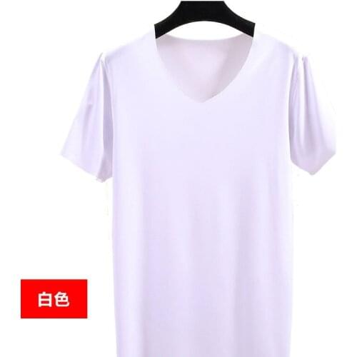 Mens Short-Sleeved Ice Silk T-Shirt Korean Version of Large Size Solid Color Seamless Bottoming Shirt V-Neck Quick-Drying Top