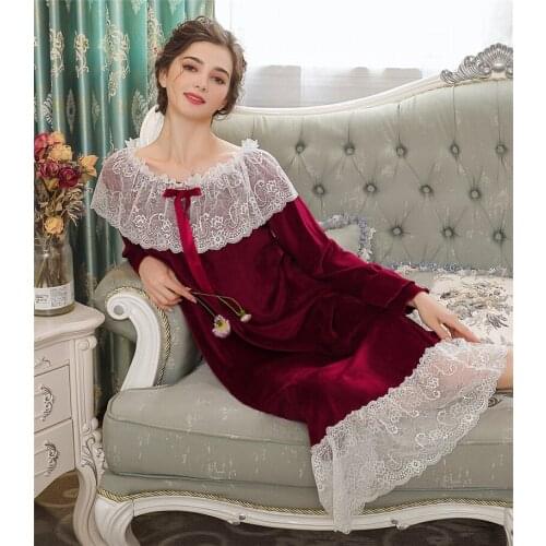 2020 Autumn Women Sexy Velvet Nightgowns Female Winter Fleece Lace Sweet Princess Nightdress Elegant Loose Sleepwear Home Dress