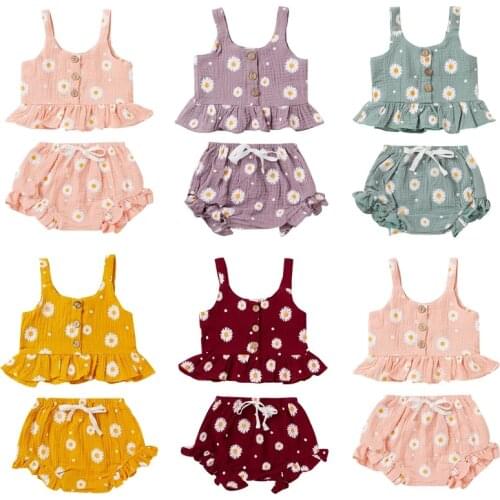 1-5Y Summer Toddler Kids Girls Clothes Sets Sling Ruffles Button Crop Tops+High Waist Shorts Children Girls Clothing Tracksuits