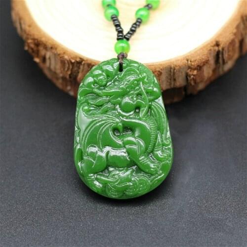 Natural Green Jade Dragon Pendant Necklace Chinese Hand-Carved Charm Jewelry Fashion Accessories Amulet for Men Women Lucky Gift
