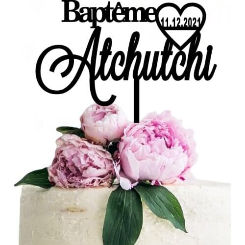 Custom Baptême Name And Date Cake Topper Personalized Kid Baptism Party Baby Shower Cake Decoration Mirror Gold Black Wood