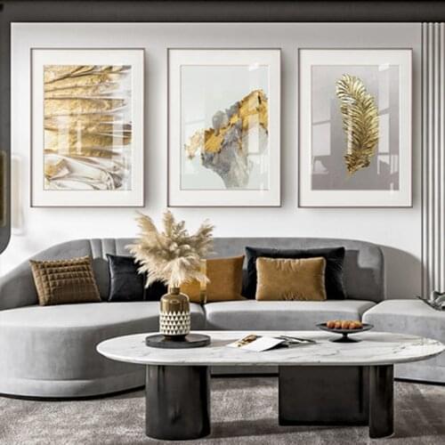 Golden Feather Print Poster, Abstract Painting In Gold Leaf Block, Modern, Wall Art, Image For Living Room, Sailor Decoration