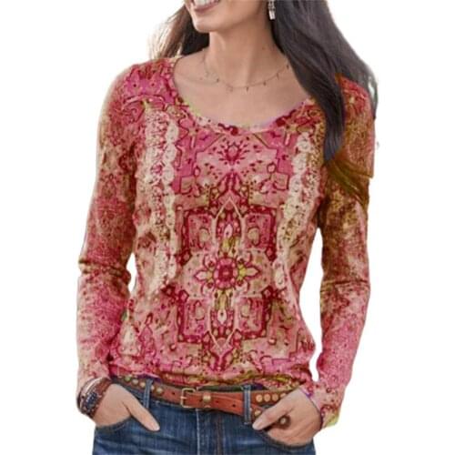 Casual Woman Shirts Tops Round Neck Long Sleeve Ethnic Pattern Retro Soft Loose Top Sweatshirt Pullover Tops Autumn 4 Colors