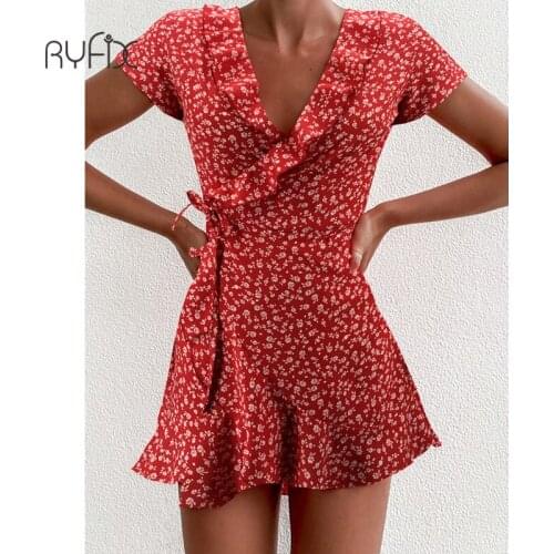 RYFIX 3XL Summer Women Floal A-Line Dress Sweet Elegant Floral Ruffles V-neck Bandage Short Dress for Lady Flowers Mini Dress