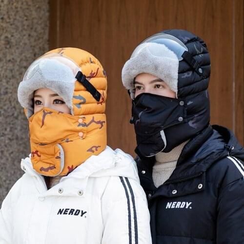 Winter warm hat Bomber Hats Plush Earflap Russian Ushanka with Goggles Men Womens Trapper Pilot Hat Fur Snow Caps