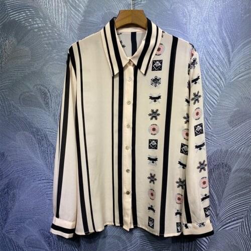 Chic OL elegant Stripe Shirts France style women High quality 100% Silk Shirt Tops B124