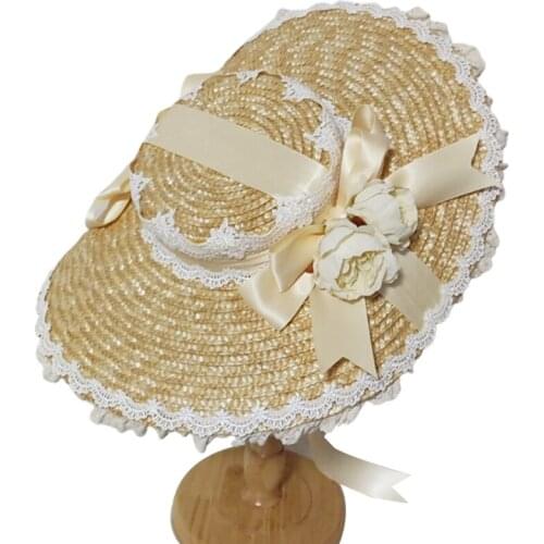 Japanese Lolita Sweet Straw Sun Hat Lace Ribbon Bow Wide Brim Tea Party Flat Cap U4LE