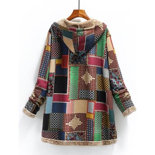 Loose Jacket Winter Womens Warm Coat 2021 Retro Printing Thick Fleece Hooded Long Coat With Pocket Cotton And Linen Ladies