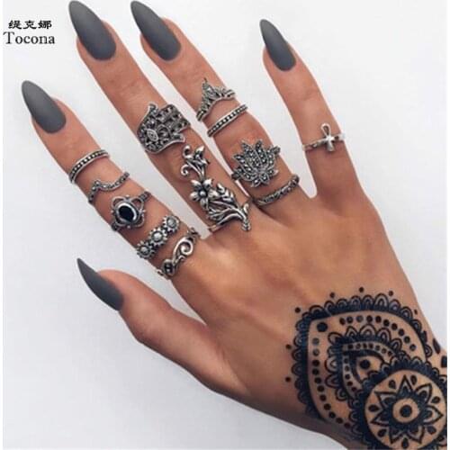 Tocona 12pcs/Set Vintage Antique Silver Color Rose Sunflower Crown Finger Midi Knuckle Rings Set for Women Bohemia Jewelry 6394
