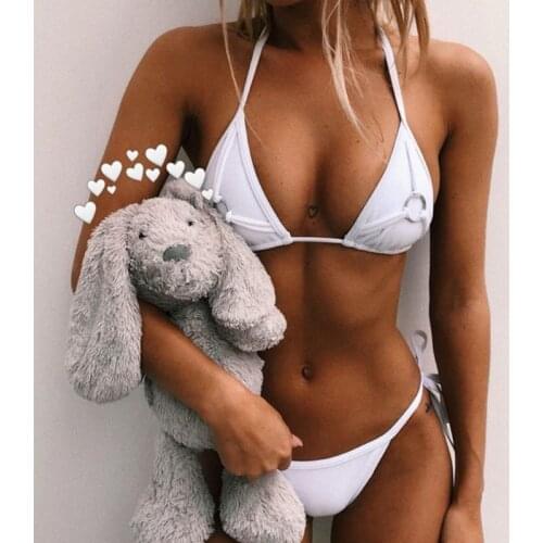 Triangle Bikini Set Women Halter Metal Decoration Plain Bikini Set Swimwear Push Up 2 Pieces Bathing Suit Bra Swimsuit Beachwear