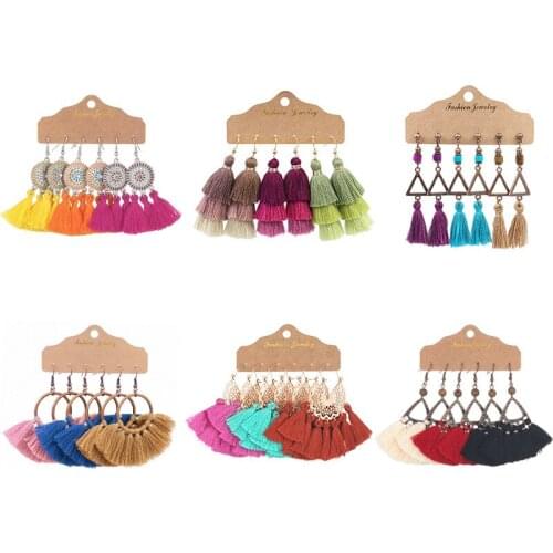Jastie Bohemian Earrings 3 pairs of Ethnic Style Cotton Tassel Women Earrings Jewelry Retro Beach Earrings Female