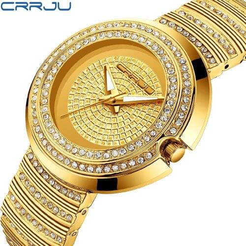 Women Quartz Watch CRRJU Fashion Bling Casual Ladies Luxury Female Waterproof Gold WristWatch Crystal Diamond For Women Clock