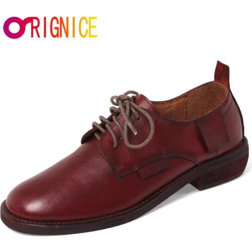Orignice Spring Autumn Women Pumps Wine Red Single Casual Shoes Cow Leather Lace Up Low Heel Walking Fashion Design Classic Lady