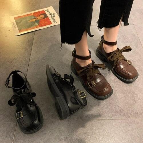 Women Oxford Shoes Belt Lace Up Leather Shoes Retro Square Toe Casual Shoes Buckle Strap Ladies Designer Shoes Autnmn 9236G