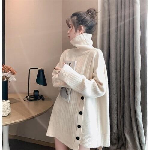 Trendy New Fad Autumn Winter Women Knitted Sweaters Loose Thicken Single Breasted Solid Multi Colors Irregular Tops