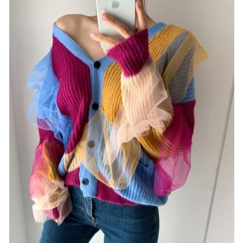 Womens Mesh Patchwork Color High Street Sweater Spring Autumn V Neck Pullover Jumpers Ladies Chic Knitting Top