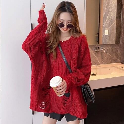 Women Split Hollow Out Hole Long Sleeve Sweaters Christmas Red Lady Street Harajuku Pullover Sweater Autumn Winter Knitted Top