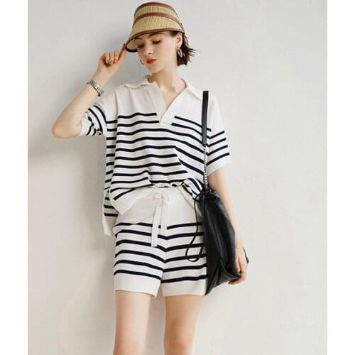 Knitted Stripe Women Two Piece Set Short Elegant Short Sleeve Polo Neck Loose Summer Office Ladies Asymmetry drawstring Sweater