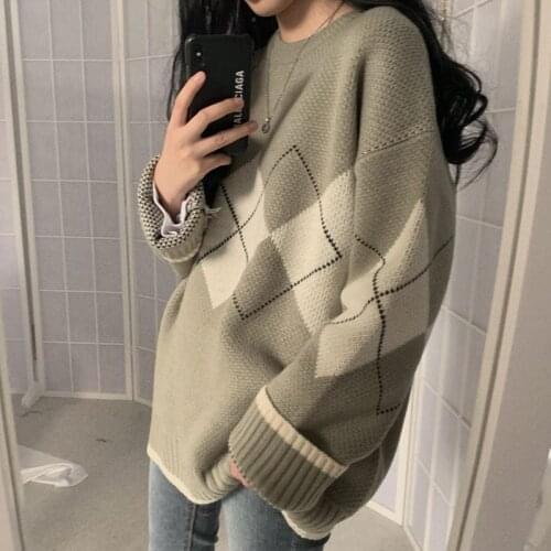 Woman Knitted Sweater Argyle Oversized Jumper Ladies Winter Vintage Jumpers Long Sleeve Plaid Sweaters Casual Loose Streetwear