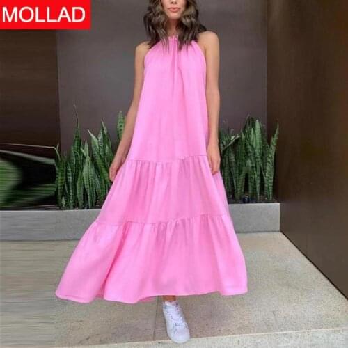 2021 Summer Street Temperament Womens Clothing Strap Type round Neck Swing Pink Dress First-Hand Supply