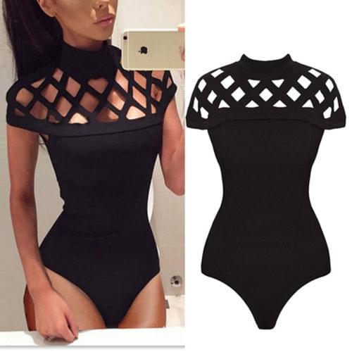 Sexy Ladies Women Short Sleeve Turtleneck Black Hollow Out Club Slim Fit Skinny Bodysuits Fashion Stretch Leotard