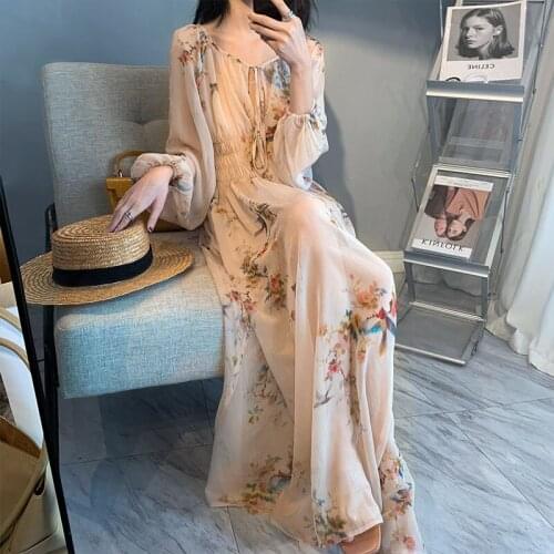 Women Casual Autumn Dress Y2K Korean Style Vintage Printed Chiffon Shirt Dress Long Sleeve Midi Summer Dress Vestido