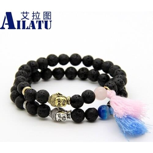 Ailatu Lover Black Lava Healing Balance Beads Reiki Buddha Head Prayer Natural Stone Yoga Jewelry Pink Tassel Couple Bracelet