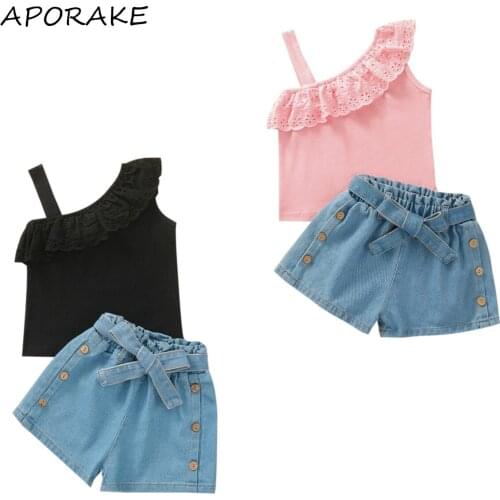 2021 0-6Y Summer Kids Baby Girl Clothing Lace Ruffle One Shoulder Solid Blouse Top+Button Denim Shorts With Belt Outfits 2pcs