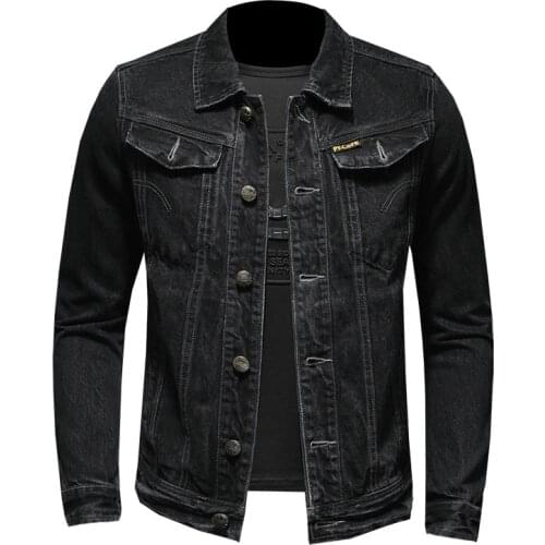 Chaqueta vaquera Vintage para hombre, abrigo clásico de color negro liso, informal, lavado, ajustado, para primavera y otoño, S
