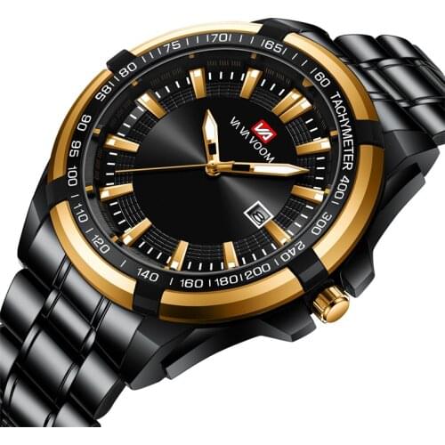 Business Black Gold Watch Mature Men Quartz Watch Stainless Steel Strap Waterproof Calendar Date Male Watches With Battery A4188