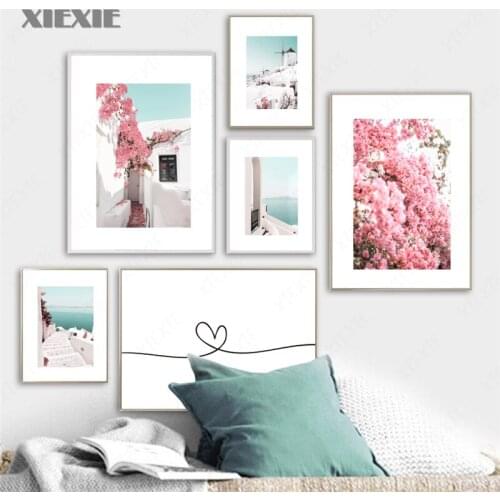 Santorini Island House Bougainvillea Flower Canvas Painting Nordic Posters and Prints Wall Art Pictures for Living Room Decor