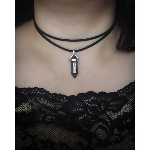 Double choker with Hexagonal column crystal pendant, crystal double wrap choker, wrap choker, black chain with crystal pendant