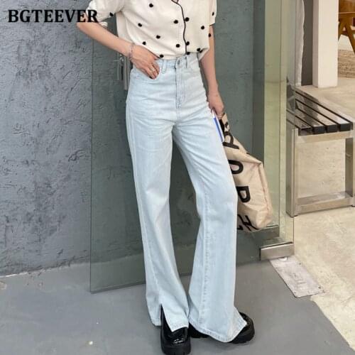 BGTEEVER Streetwear Vintage Buttons Long Women Jeans 2021 Summer High Waist Split Loose Female Straight Denim Trousers