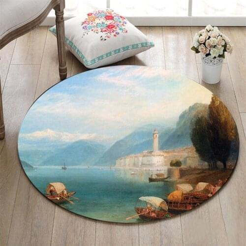 Riverside Mountains Town And Boats Round Childrens Room Floor Area Rugs Living Room Carpet Bathroom Non-Slip Cushion Door Mat