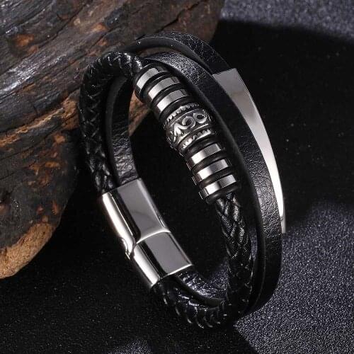 Multi-layer Leather Stainless Steel Metal Luxury Mens Leather Bracelet Accessories Friend Gift