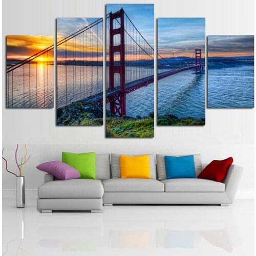 Modular HD Printed Canvas Poster Framework 5 Panel Sunset Big Bridge Landscape Art Painting Home Decor Living Room