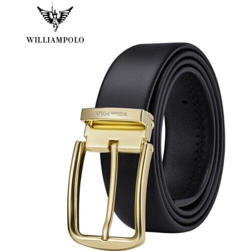 WILLIAMPOLO Mens Belt Fashion Gold Pin Buckle Genuine Leather Strap Luxury Brand Designer Belts PL20055-56P