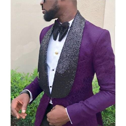 2020 Latest Coat Pant Designs Sequin Lapel Party Suits Purple Tuxedo Slim Fit Men Wedding Suit 2 Piece Set Groom Best Man Blazer