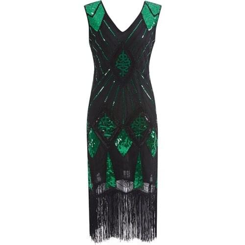 New Women 1920s Gatsby Charleston Inspired Sequin Fringe Flapper Dress Beaded Art Deco Dress V-Neck Sleeveless Party Costume