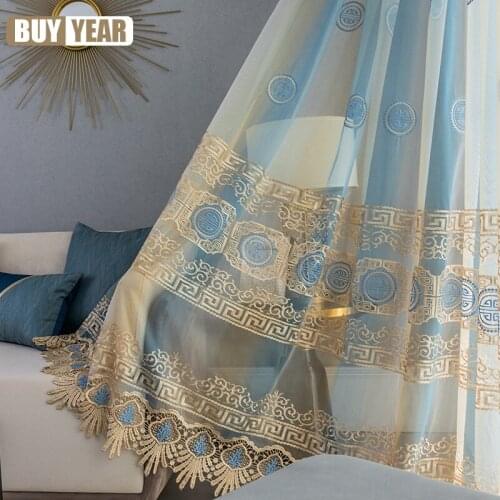 New Chinese Classic Luxury Geometric Embroidery Tulle Curtains for Living Room Bedroom Kitchen Curtain Drapes