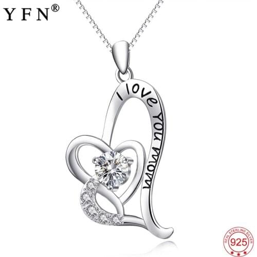Necklace 925 Sterling Silver Cross Double Love 'I LOVE YOU MOM' Pendants Necklaces Mothers Day Gifts Rhinestone Love Heart