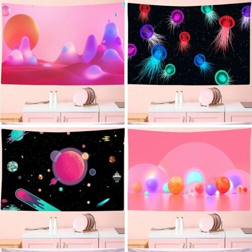 Pink Psychedelic Starry Jellyfish Tapestry Strand Matte Polyester Decke Yoga Matte Hause Schlafzimmer Kunst Bedroom Kawaii Decor