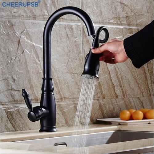Bronze Black Kitchen Sink Faucets Pull Out Hot Cold Water Mixer Tap Deck Mount Stream Water Vintage Faucet Antique Kitchen Taps