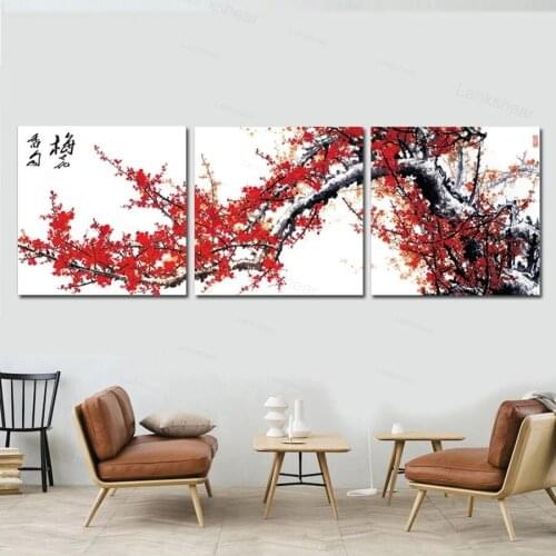 Triptyc Red Plum Blossom Flower Modular Traditional Chinese Painting Posters and Prints Art Canvas Wall Pictures for Living Room