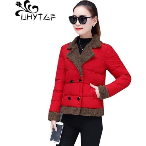 UHYTGF Warm Cotton Short Coat Women Basic Coat Winter Plus size Jacket Ladies down cotton jacket Women Tops Casual Outwear 613
