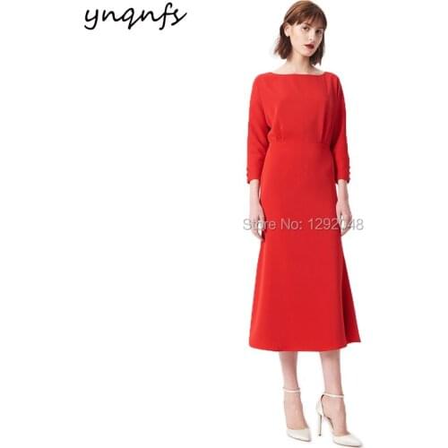 YNQNFS M136 French Style Italy Satin Boat Neck Tea Length Sheath Red Mother of the Bride Dresses 2019 Party Gown Guest Dress