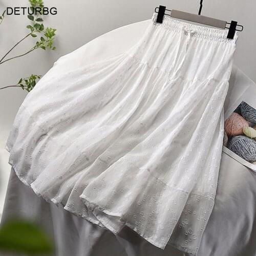 Women Elegant Dot Pattern Midi Skirt With Comfortable Liner Ladies Korean High Waist Pleated Drawstring Skirts 2020 Spring SK510