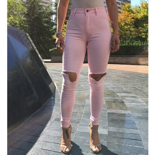 Good Quality Fashion High Waist Skinny Jeans Femme Stretch Pink/White/Black Pants Denim With Pockets Ripped Jeans Women