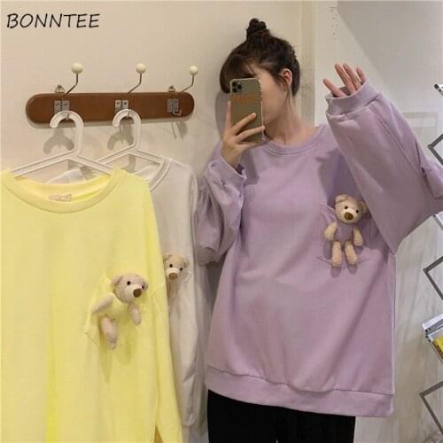 Hoodies Women Kawaii Bear Popular Ulzzang Autumn New Soft All-match Teens Streetwear Lovely Loose Purple Casual Womens Hoodie