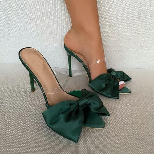Women Slippers Peep Toe Big Bow Design Slip On Fashion Thin High Heels Party Pumps Sexy Party Nightclub Mules Shoes Drop Ship